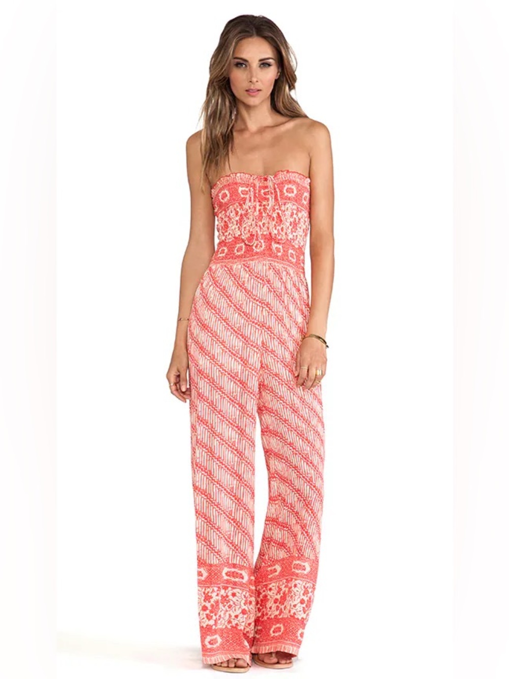 Free People Vintage Tube Romper Red Combo Strapless Wide Leg Boho L